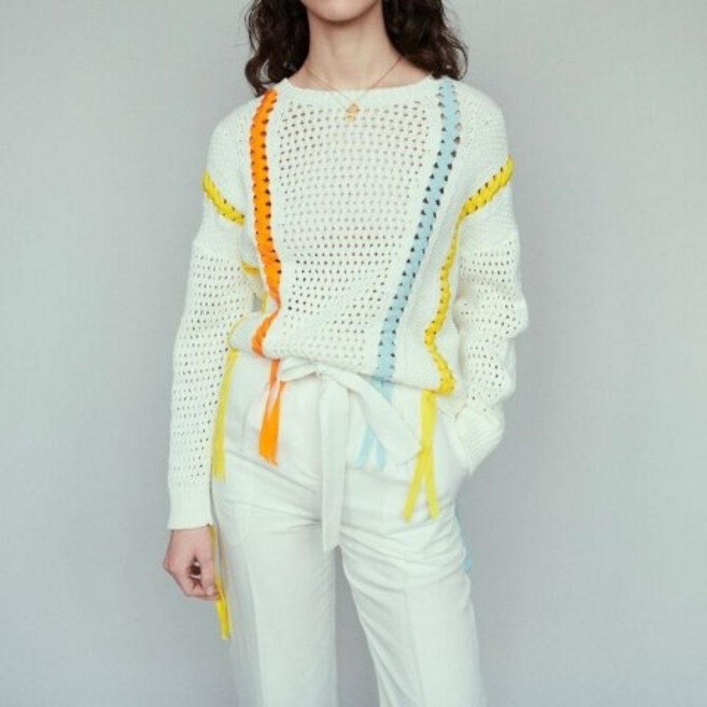 Maje Statement Knit Sweater Braided Ribbon Detail White Size 2